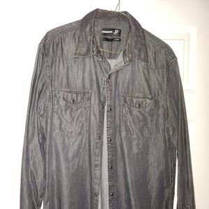 Unique black denim slim fit shirt with snap buttons! Size Lg